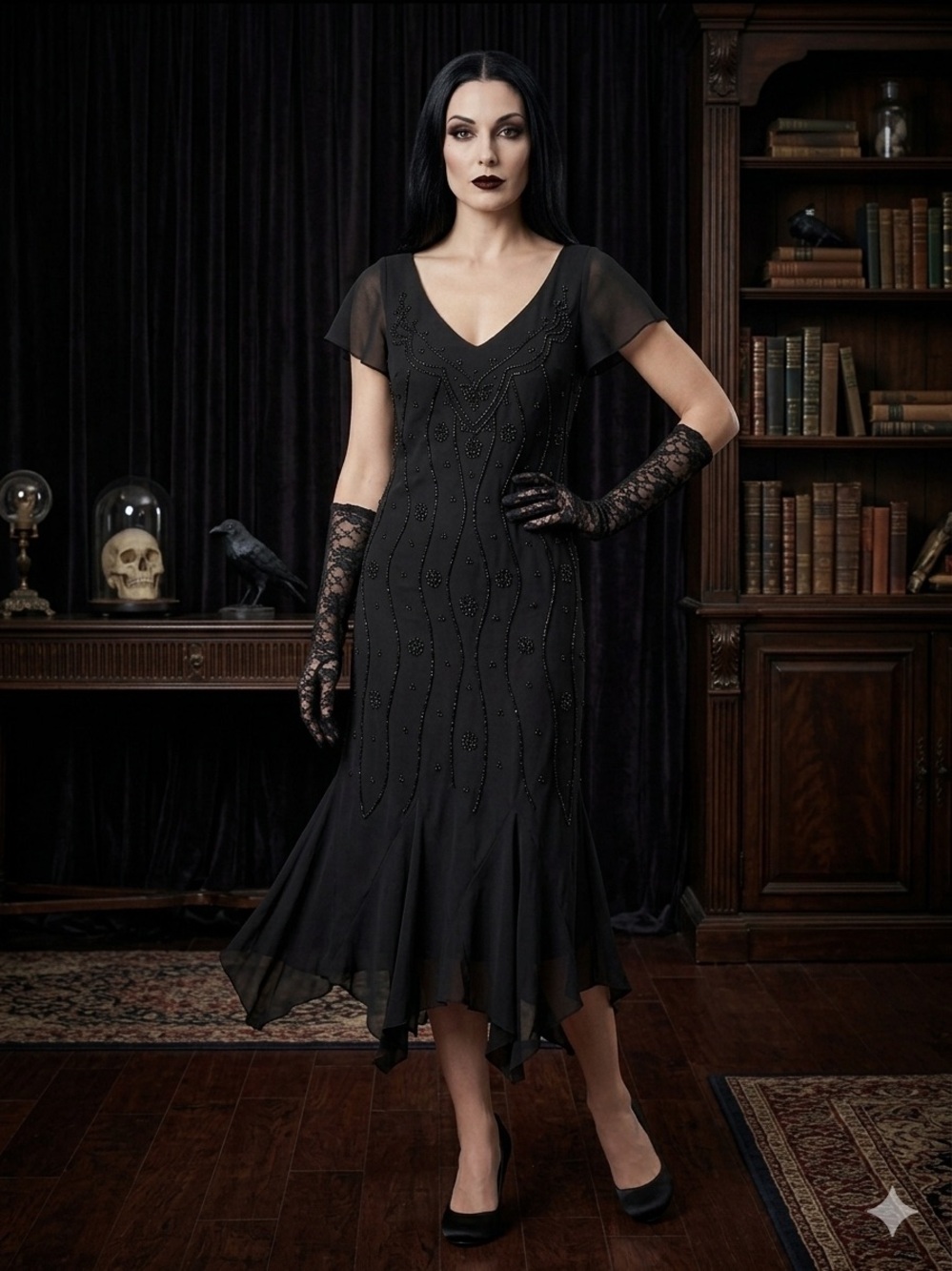 Y2K BLACK BEADED DRESS Halloween Short Flutter Cap Sleeve DRESSBARN